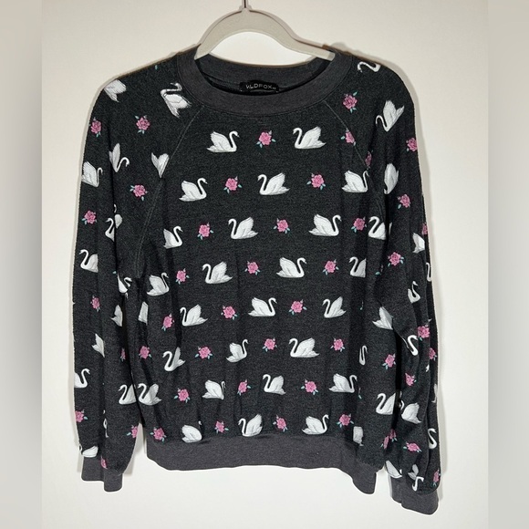 WILDFOX reverse fleece black sweatshirt white swans pink roses graphic sz XS - Picture 1 of 7